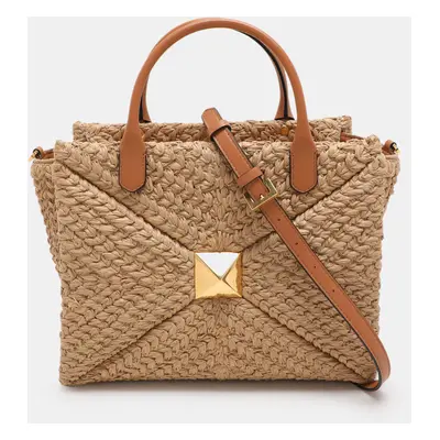 Valentino Beige/Brown Leather and Raffia Medium One Stud Tote