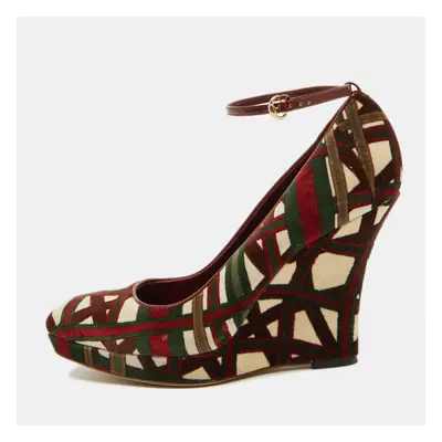 Gucci Multicolor Pattern Velvet Platform Wedge Pumps Size 39.5