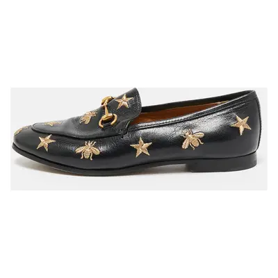 Gucci Black Leather Embroidered Star Bee Horsebit Loafers Size