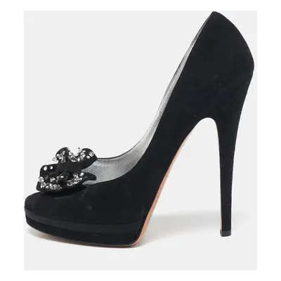 Casadei Black Suede Crystal Embellished Bow Peep Toe Pumps Size 38.5