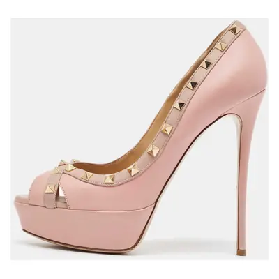 Valentino Beige/Pink Leather Rockstud Peep Toe Pumps Size