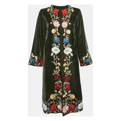 Alice + Olivia Green Floral Embroidered Velvet Mid-Length Coat