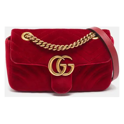 Gucci Red Matelassé Velvet Mini GG Marmont Shoulder Bag