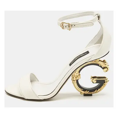 Dolce & Gabbana White Leather Keira Baroque DG Heel Ankle Strap Sandals Size