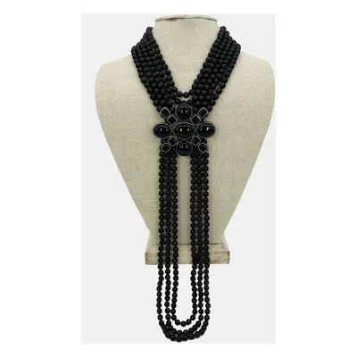 Chanel Black Beaded Multi Strand Emblem Necklace