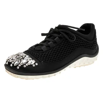 Miu Miu Black Mesh and Satin Crystal Embellished Low-Top Sneakers Size 36.5