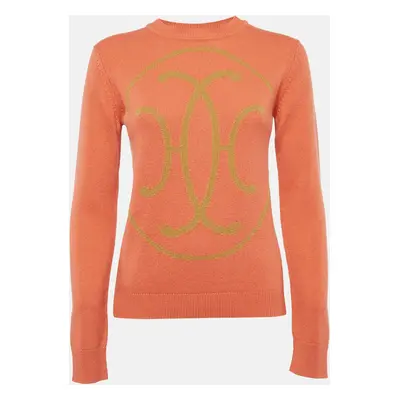 Hermes Orange Logo Patterned Knit Cashmere Crew Neck Sweater