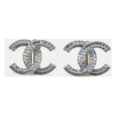 Chanel CC Crystals Silver Tone Clip On Earrings