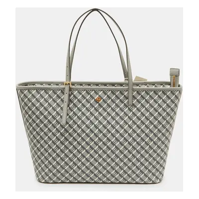 Tory Burch Grey Coated Canvas and Leather Geo Logo Top Zip Tote