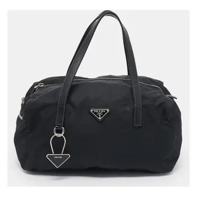 Prada Black Saffiano Leather and Nylon Triangle Logo Duffel Bag