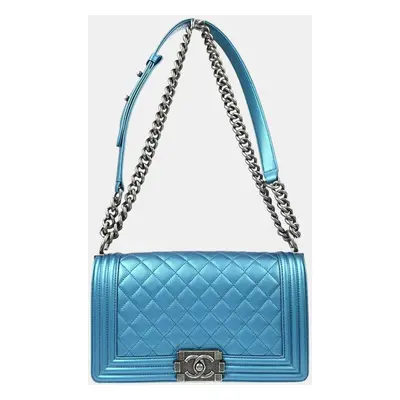 Boy Chanel Blue Calfskin Medium Chain Shoulder Bag