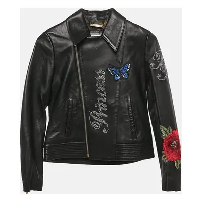 Philipp Plein Junior Black Applique Leather Detail Zip-Up Jacket Yrs