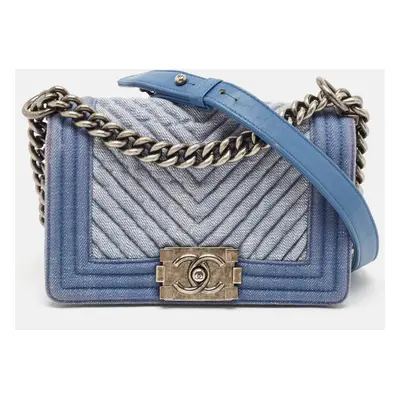 Chanel Blue Chevron Quilted Denim Small Boy Flap Bag