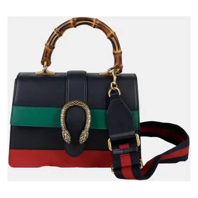 Gucci Black/Bright Evergreen/Hibiscus Red Calfskin Bamboo Web Small Dionysus Top Handle Bag