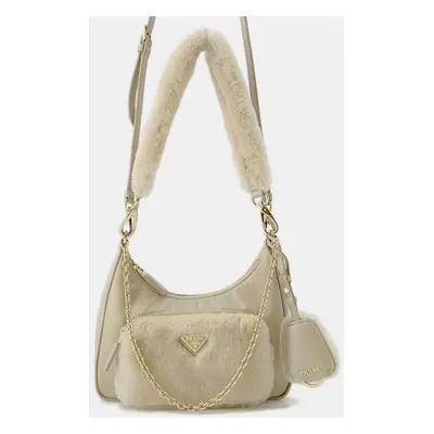 Prada Re-Nylon Shearling Mini Bag Sand Beige Shearling Nylon Leather Bag