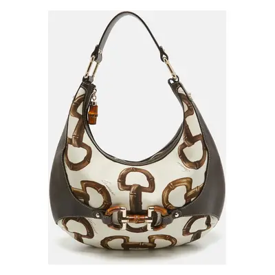 Gucci Dark Brown/Natural Print Canvas Bamboo Horsebit Amalfi Hobo