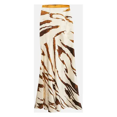 Roberto Cavalli Cream Printed Satin Silk Maxi Skirt