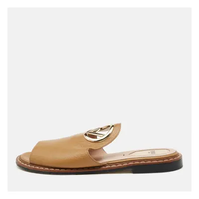 Fendi Brown Leather F Logo Open Toe Flat Mules