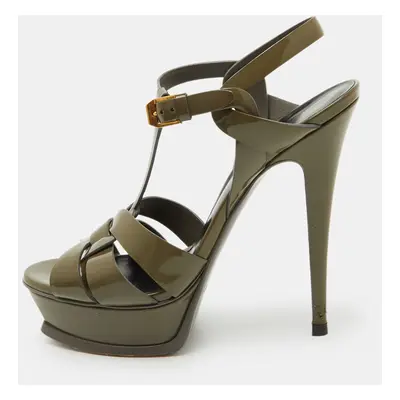 Saint Laurent Olive Green Patent Leather Tribute Platform Sandals Size