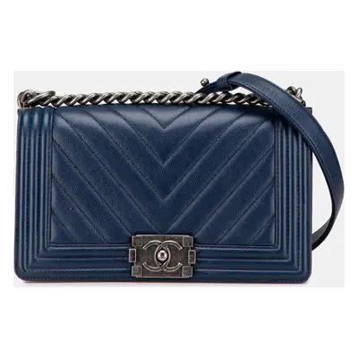 Chanel Blue Medium Chevron Caviar Boy Flap Bag