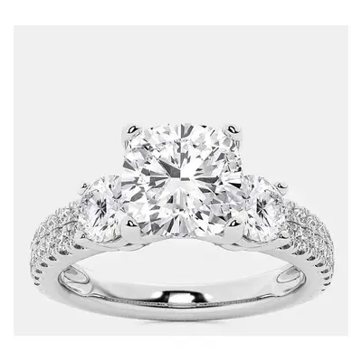 14K White Gold Cushion & Round Lab Grown Diamond Engagement Ring with Double Row Side Accents US