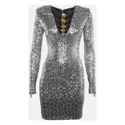 Balmain Silver Sequin Metal Detail V-Neck Mini Dress