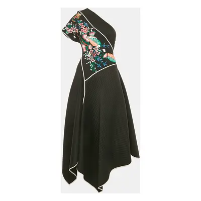 Diane Von Furstenberg Black Floral Embroidery Crepe and Jersey Asymmetric Midi Dress