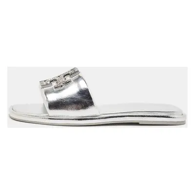 Tory Burch Silver Leather Double T Flat Slides Size 40.5