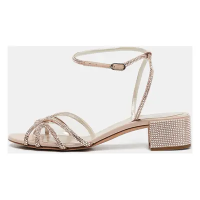 René Caovilla Metallic Beige PVC and Leather Crystal Embellished Ankle Wrap Sandals Size 37.5