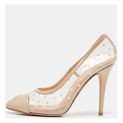 Chanel Beige Patent Leather and PVC Pearl Embellished CC Cap Toe Pumps Size