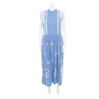 Temperley Blue and White Embroidered Scallop Detail Maxi Dress