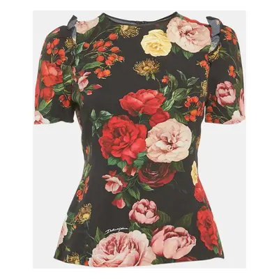 Dolce & Gabbana Black Floral Print Crepe Frill Detail Top