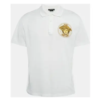 Versace White Medusa Embroidery Pique Cotton Polo T-Shirt