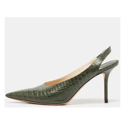 Jimmy Choo Green Croc Embossed Leather Thandi Slingback Pumps Size 38.5