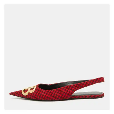 Balenciaga Red Houndstooth Tweed Knife BB Knife Pointy Toe Slingback Flats Size 39.5