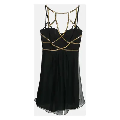 Versace Collection Black Crepe Embellished Strap Detail Mini Dress