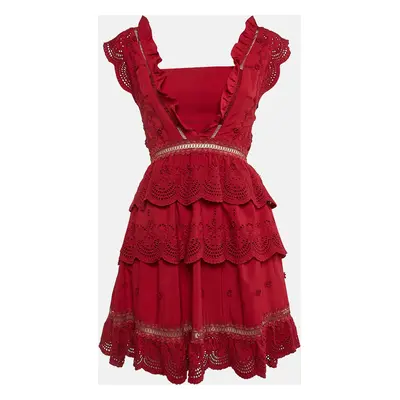 Self-Portrait Red Broderie Anglaise Chiffon Tiered Mini Dress