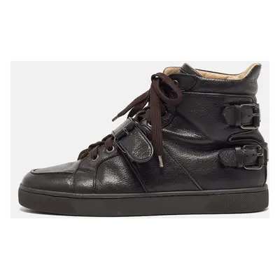 Christian Louboutin Dark Brown Leather Buckle Detail High Top Sneakers Size