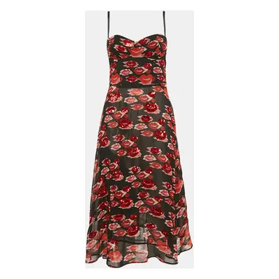 Elisabetta Franchi Black Lips Print and Sequin Chiffon Midi Dress