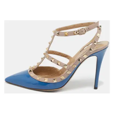 Valentino Blue/Beige Patent and Leather Caged Rockstud Ankle Strap Pumps Size