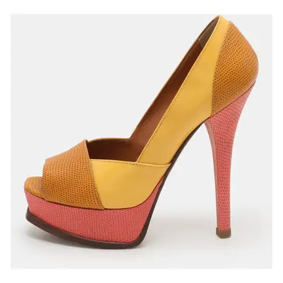 Fendi Tri Color Fendista Colorblock Lizard-Embossed Leather Peep Toe Platform Pumps Size