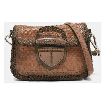 Prada Beige/Brown Woven Madras Leather Flap Crossbody Bag