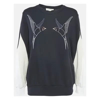 Stella McCartney Navy Blue Swallow Embroidered Cotton Knit Crewneck Sweatshirt