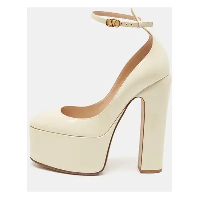 Valentino Cream Patent Leather Tango Platform Ankle Strap Block Heel Pumps Size 37.5