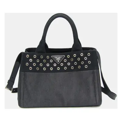 Prada Navy Blue Denim and Leather Studded Canapa Tote Bag