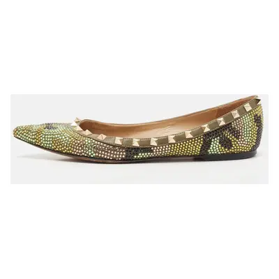 Valentino Green Leather Crystal Embellished Rockstud Ballet Flats Size 39.5