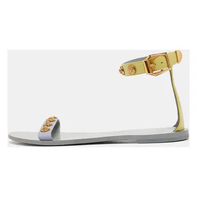 Versace Yellow/Purple Leather Medusa Stud Ankle Strap Flat Sandals Size