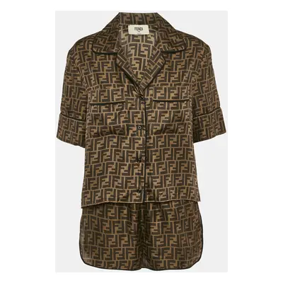 Fendi Brown Zucca Print Silk Pajama Top & Shorts