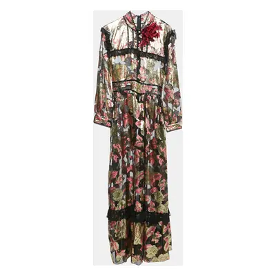 Gucci Black/Metallic Floral Brocade Sheer Ruffled Maxi Dress