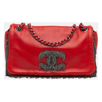 Chanel Red Lambskin Leather Small Rock and Cabaret Fringe Chain Flap Bag